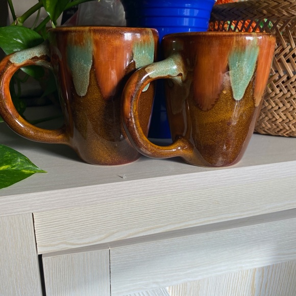 Pair of Vtg Dryden Glossy Drip Glaze Pottery Mug Brown Green Orange 4" w/ Handle - Picture 3 of 6